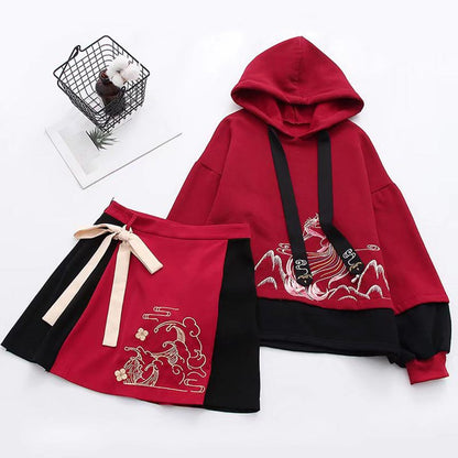 Vintage Red Embroidery Hoodie Bow Knot Skirt Set