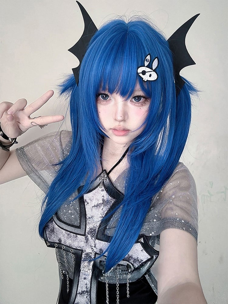 Straight Length 63CM Blue Full Wig With Bangs