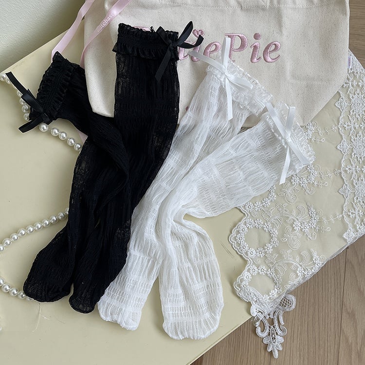White/Black Socks Tulle Lace Ruffled Details Bowknot