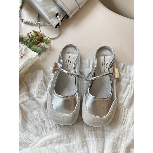 Adhesive Strap Faux Leather Mary Jane Flat Mules - Silver