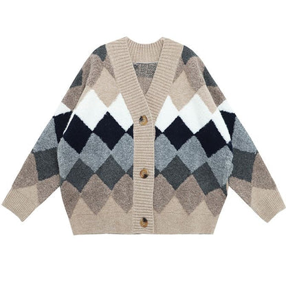 Aesthetic Argyle Cardigan - Free Size / Beige/grey