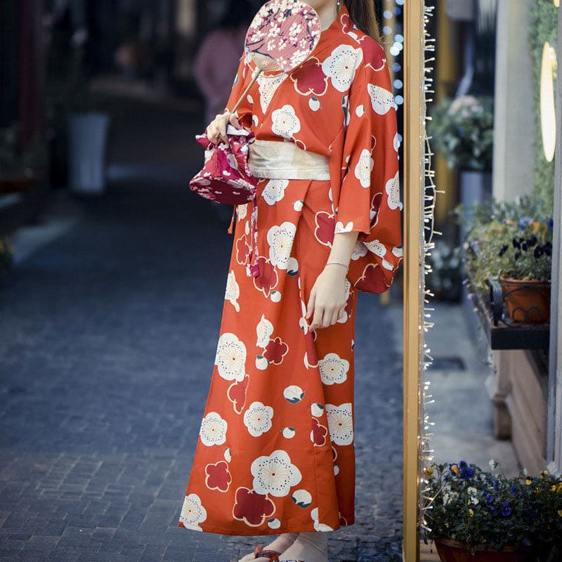 Aesthetic Cherry Blossoms Print Kimono Dress - Red