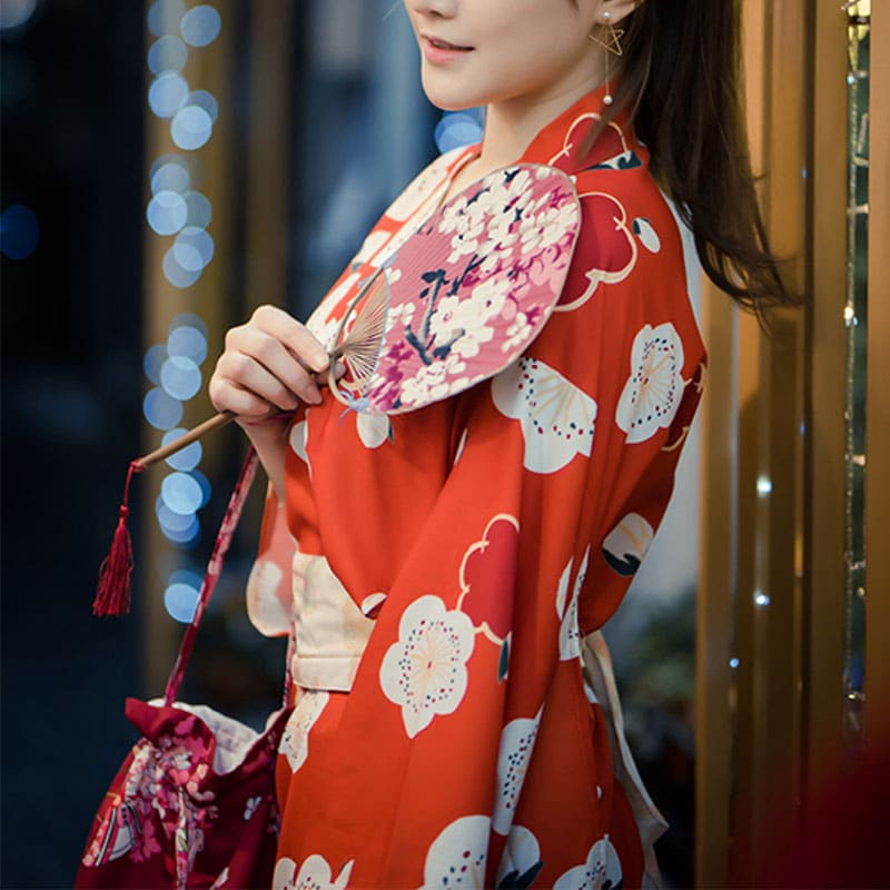 Aesthetic Cherry Blossoms Print Kimono Dress - Red