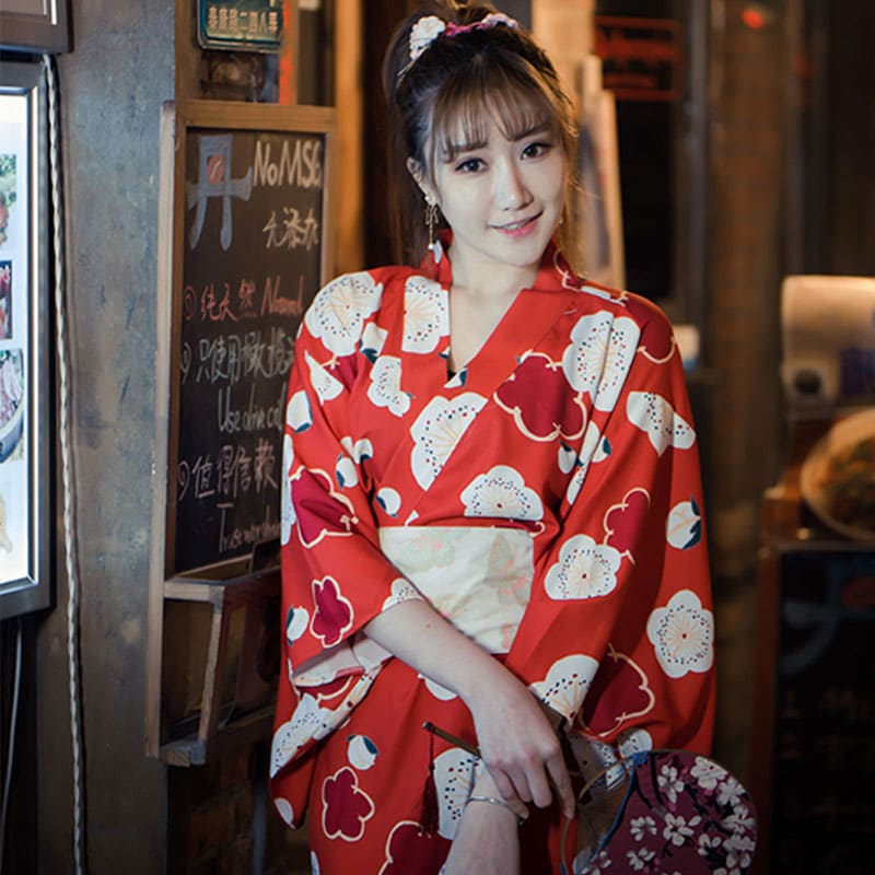 Aesthetic Cherry Blossoms Print Kimono Dress - Red