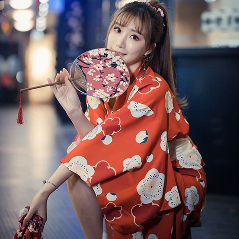 Aesthetic Cherry Blossoms Print Kimono Dress - Red