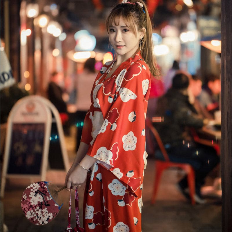 Aesthetic Cherry Blossoms Print Kimono Dress - Red