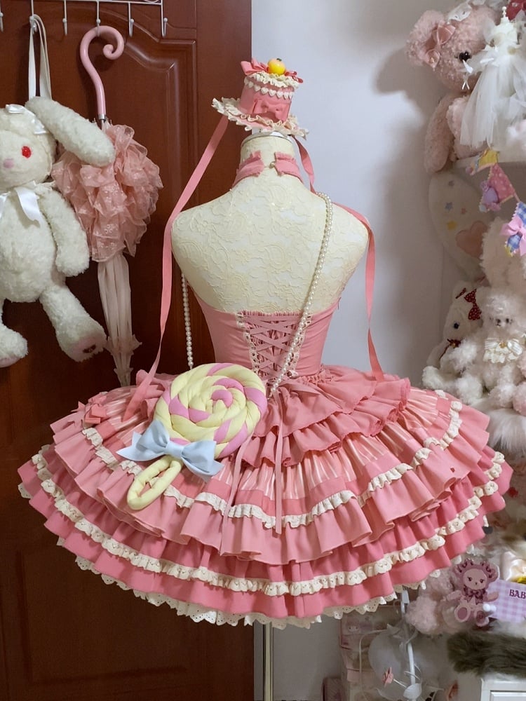 Halter Lolita Dress Sweet Idol Rose Accents Bow Ruffle Skirt Tiered Neck Pink