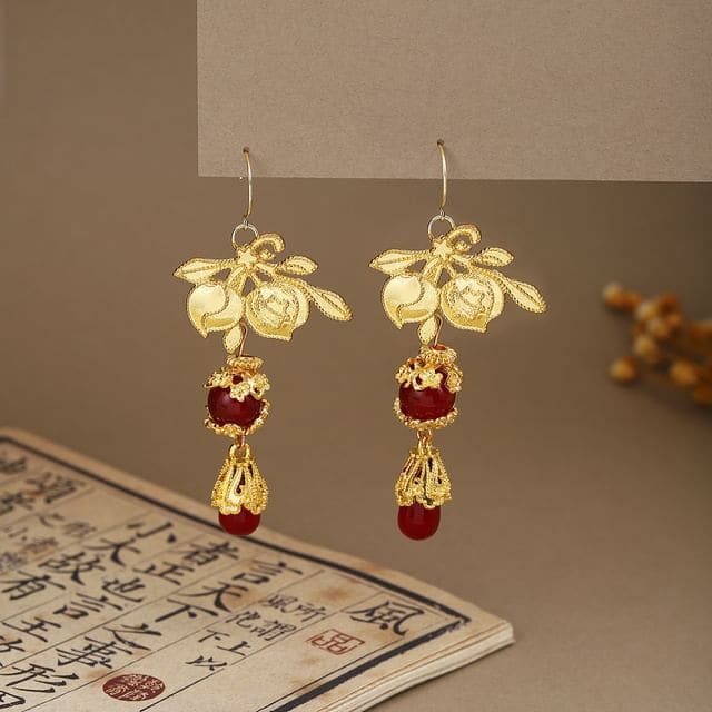 Alloy Chandelier Earring - E6416 - 1 Pair - Gold & Red