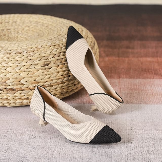 Almond Toe Kitten Heel Pumps - Almond & Black / 34