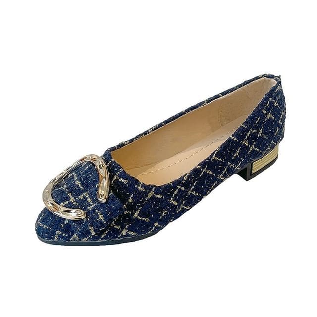 Almond Toe Plaid Chunky Heel Pumps - Blue / 35