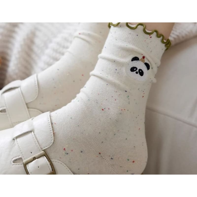 Animal Embroidered Melange Frill Short Socks Set