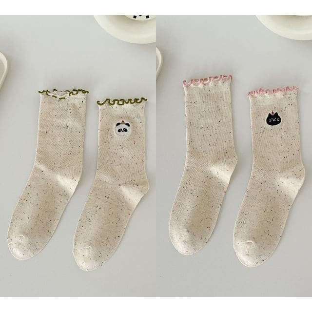 Animal Embroidered Melange Frill Short Socks Set - Set of 2