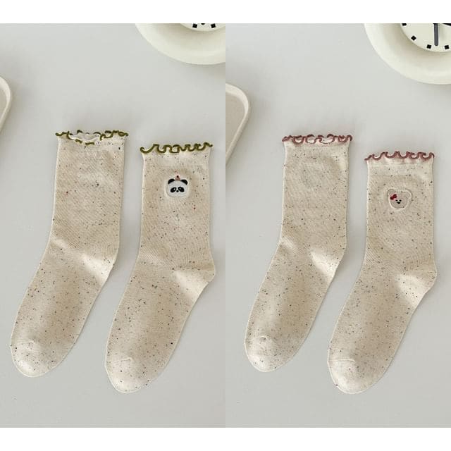 Animal Embroidered Melange Frill Short Socks Set - Set of 2