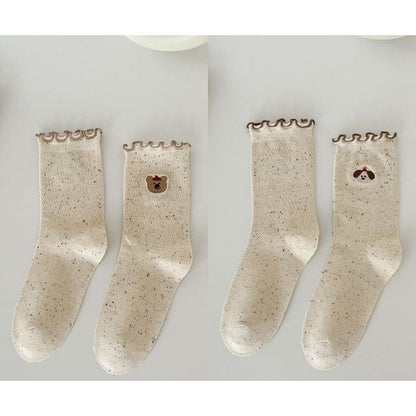 Animal Embroidered Melange Frill Short Socks Set - Set of 2