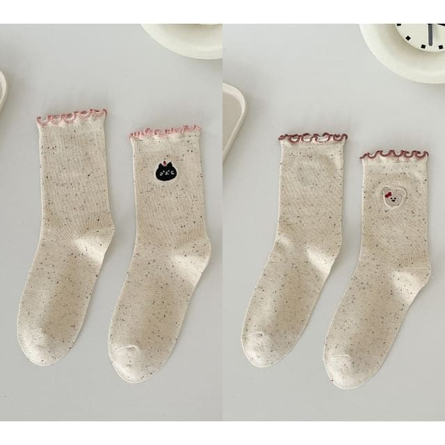 Animal Embroidered Melange Frill Short Socks Set - Set of 2