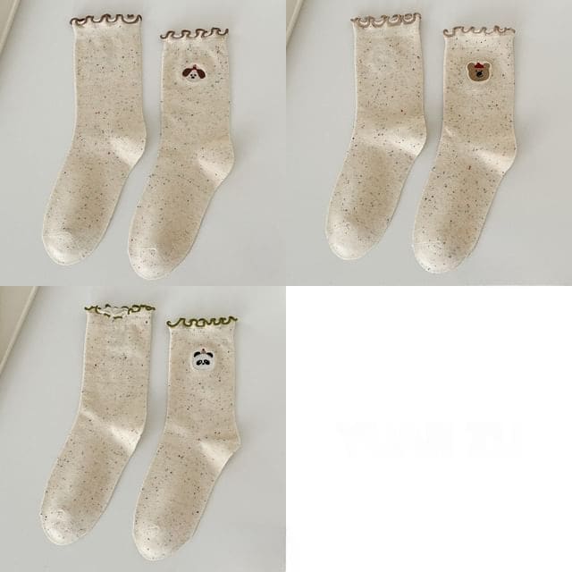 Animal Embroidered Melange Frill Short Socks Set - Set of 3