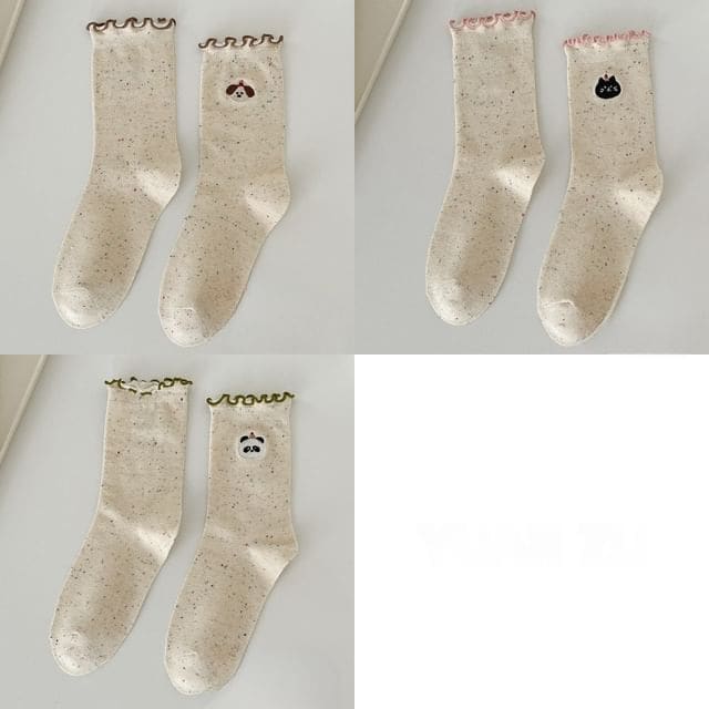 Animal Embroidered Melange Frill Short Socks Set - Set of 3