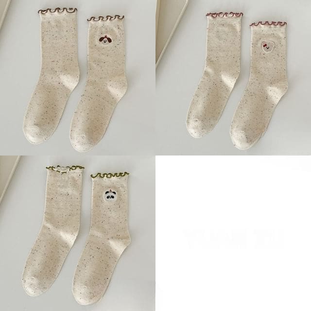 Animal Embroidered Melange Frill Short Socks Set - Set of 3