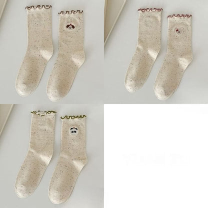 Animal Embroidered Melange Frill Short Socks Set - Set of 3