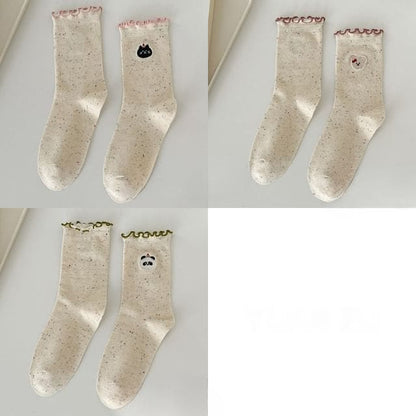 Animal Embroidered Melange Frill Short Socks Set - Set of 3