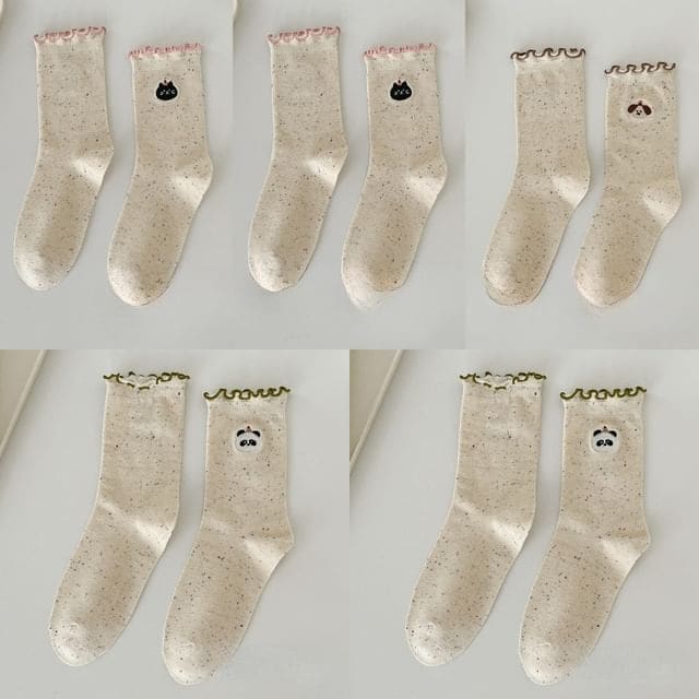 Animal Embroidered Melange Frill Short Socks Set - Set of 5