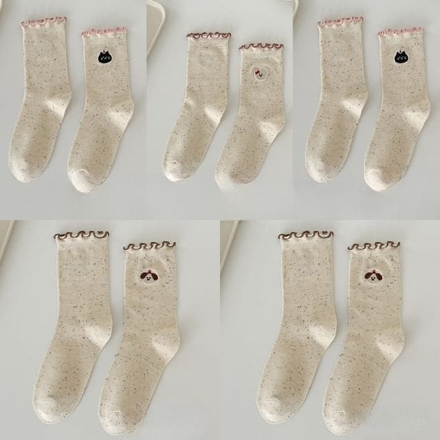 Animal Embroidered Melange Frill Short Socks Set - Set of 5