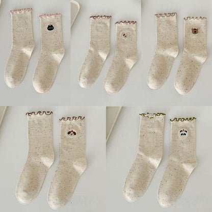 Animal Embroidered Melange Frill Short Socks Set - Set of 5