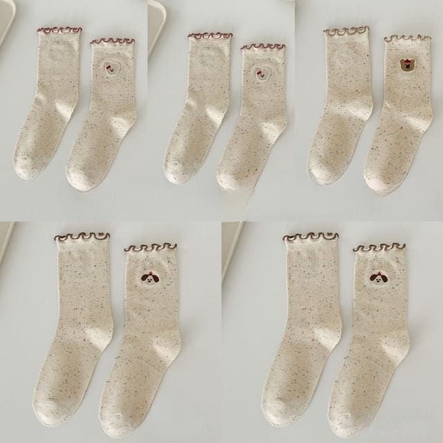 Animal Embroidered Melange Frill Short Socks Set - Set of 5