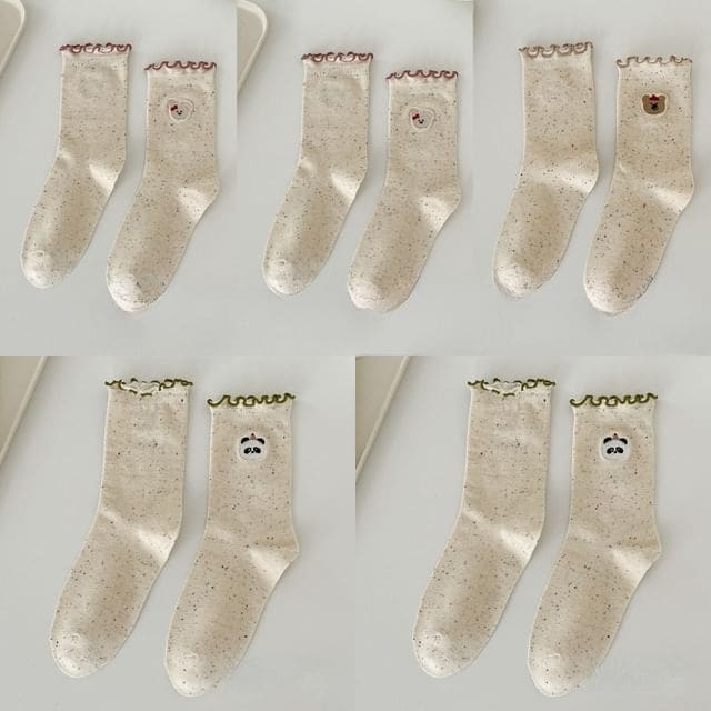 Animal Embroidered Melange Frill Short Socks Set - Set of 5