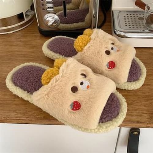 Animal Fleece Home Slippers - Beige & Purple / 36 To 37