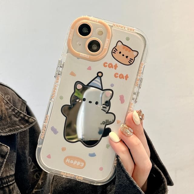 Animal Mirrored Phone Case - Cat - Beige Trim - White