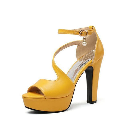 Ankle Strap Platform Chunky Heel Sandals - Yellow / 34