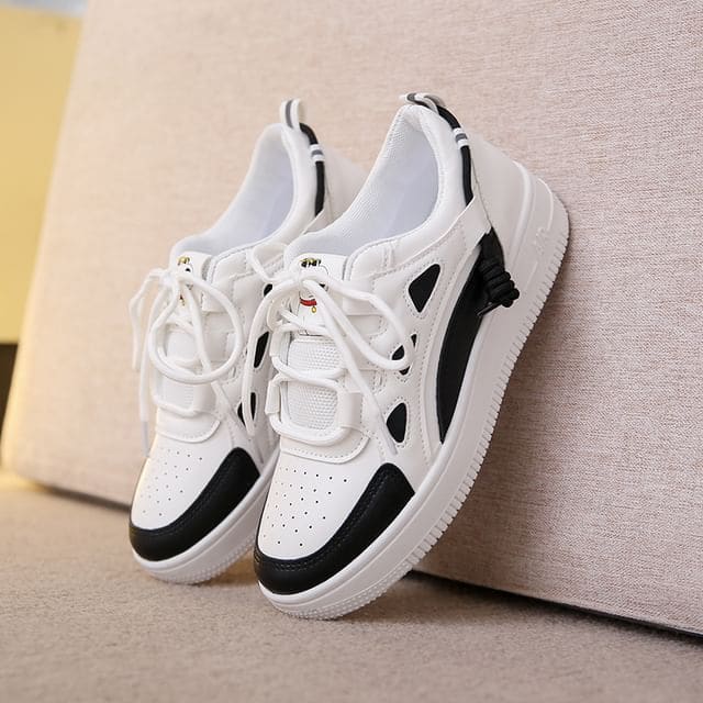 Applique Contrast Trim Lace-Up Platform Sneakers - White &