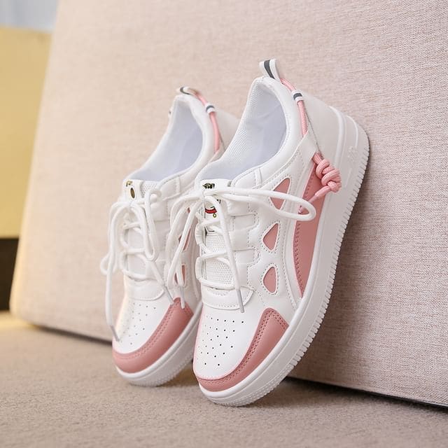 Applique Contrast Trim Lace-Up Platform Sneakers - White &