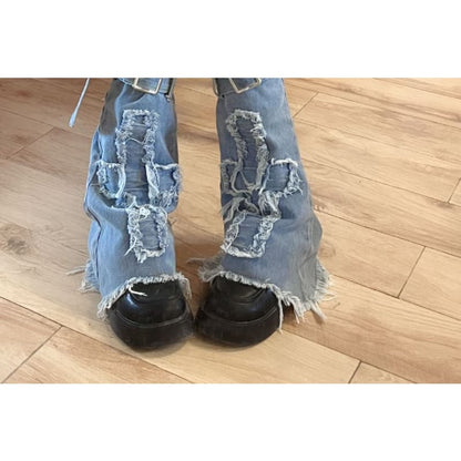 Applique Fringed Trim Buckled Denim Leg Warmers