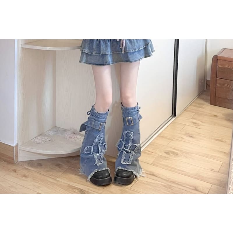 Applique Fringed Trim Buckled Denim Leg Warmers