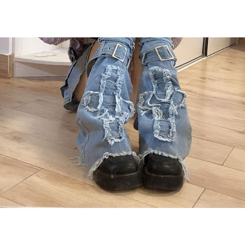 Applique Fringed Trim Buckled Denim Leg Warmers