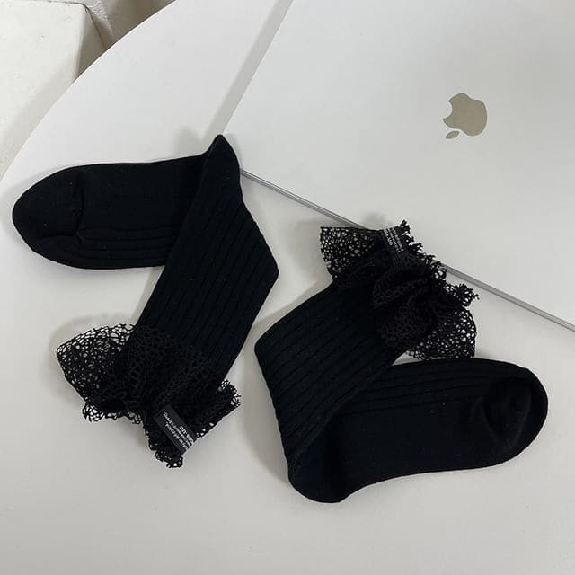 Applique Lace Trim Socks - Black / One Size