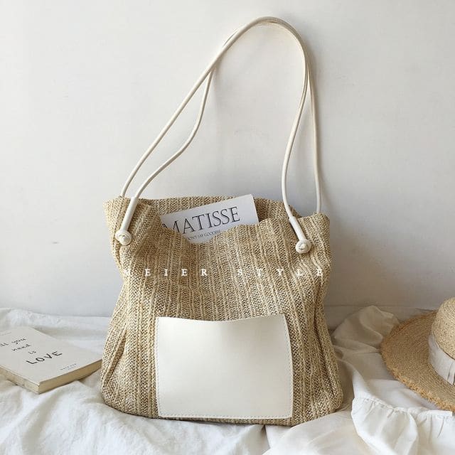 Applique Straw Tote Bag - White / One Size