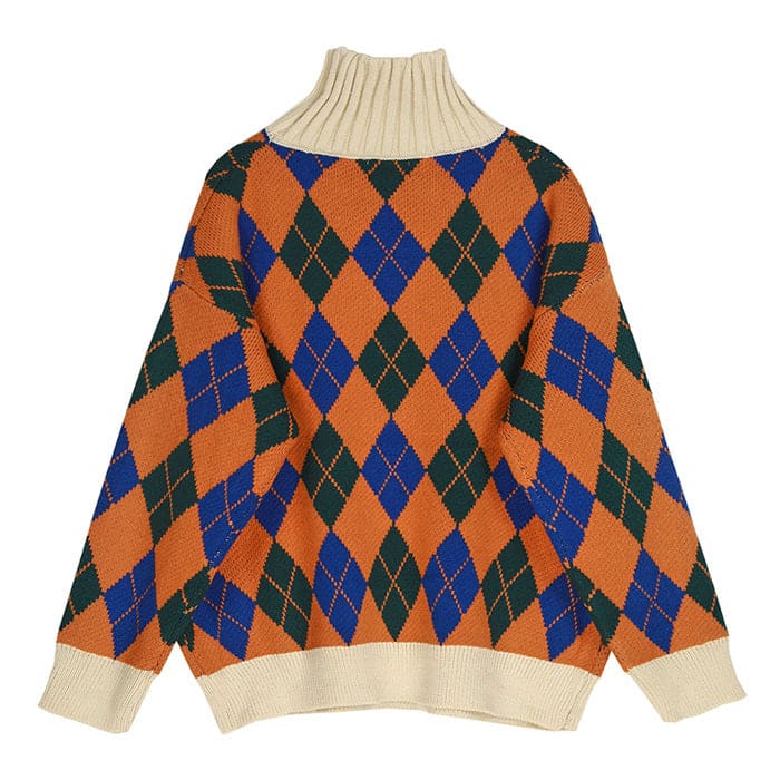 Argyle Pattern Turtleneck Sweater - Sweater