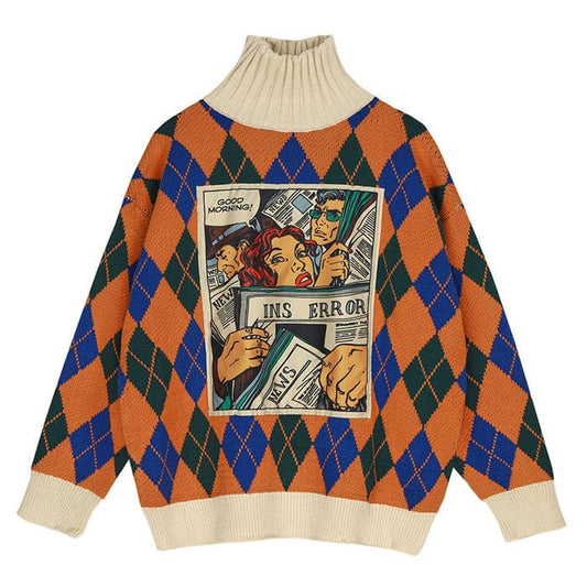 Argyle Pattern Turtleneck Sweater - S / Orange - Sweater