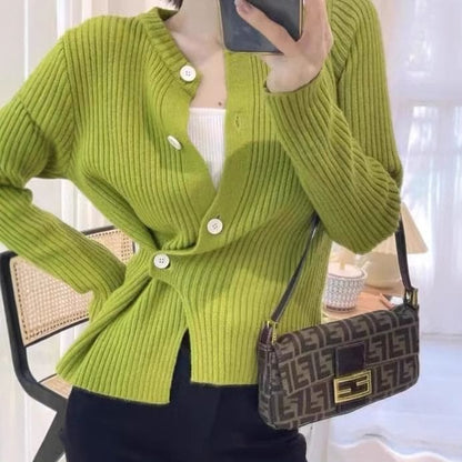 Asymmetrical Ribbed-Knit Round-Neck Cardigan in 5 Colors