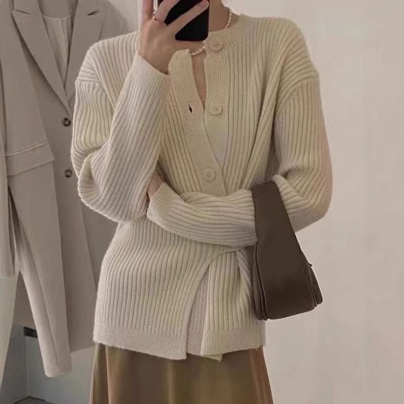 Asymmetrical Ribbed-Knit Round-Neck Cardigan in 5 Colors