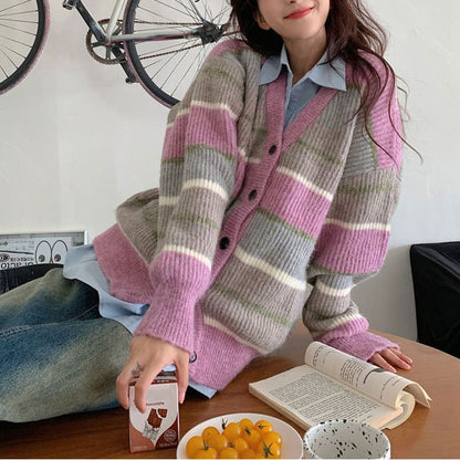 Autumn Aesthetic Striped Cardigan - S / Purple - Cardigan