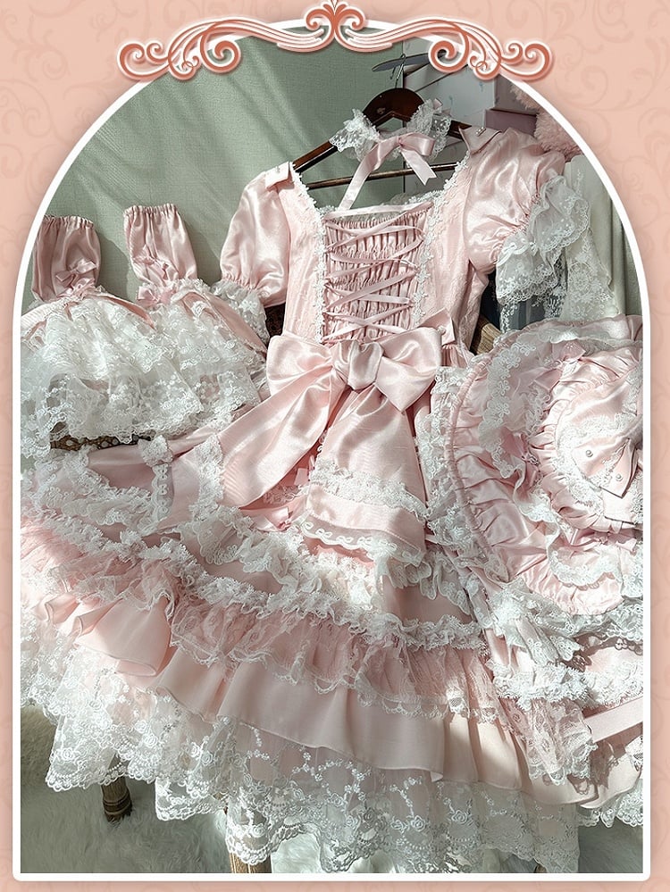 Princess Bow High Lolita Sleeves Sweet Accents Waist with Pink Dress Detachable