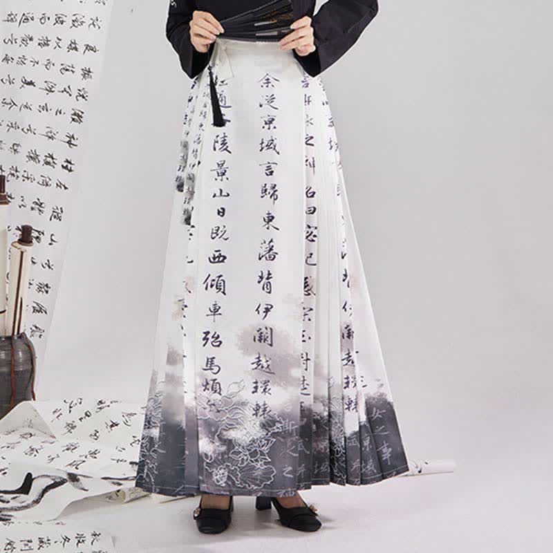 Vintage Crane Embroidery Shirt Character Print Pleated Skirt