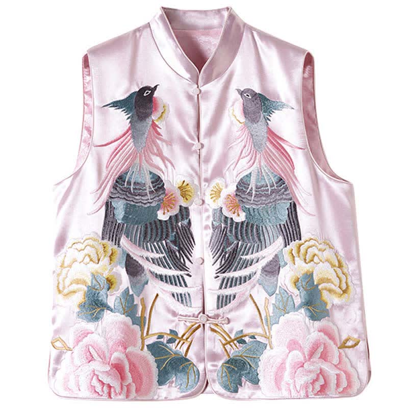 Floral Embroidery Buckle Sleeveless Satin Vest - Pink / M