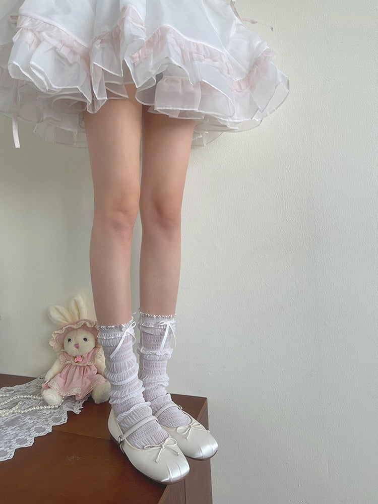 White/Black Socks Tulle Lace Ruffled Details Bowknot