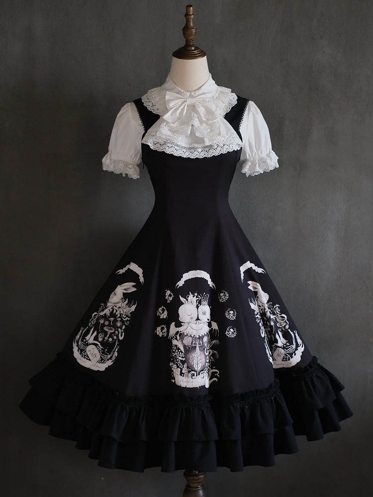 Gothic Bunny Dark Black Slim Print Fit Lolita Dress Waist