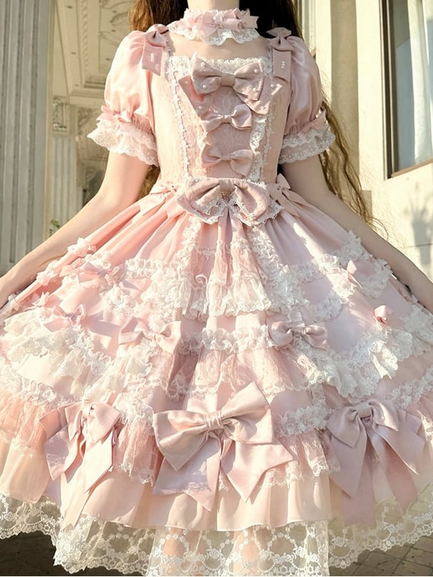 Princess Bow High Lolita Sleeves Sweet Accents Waist with Pink Dress Detachable